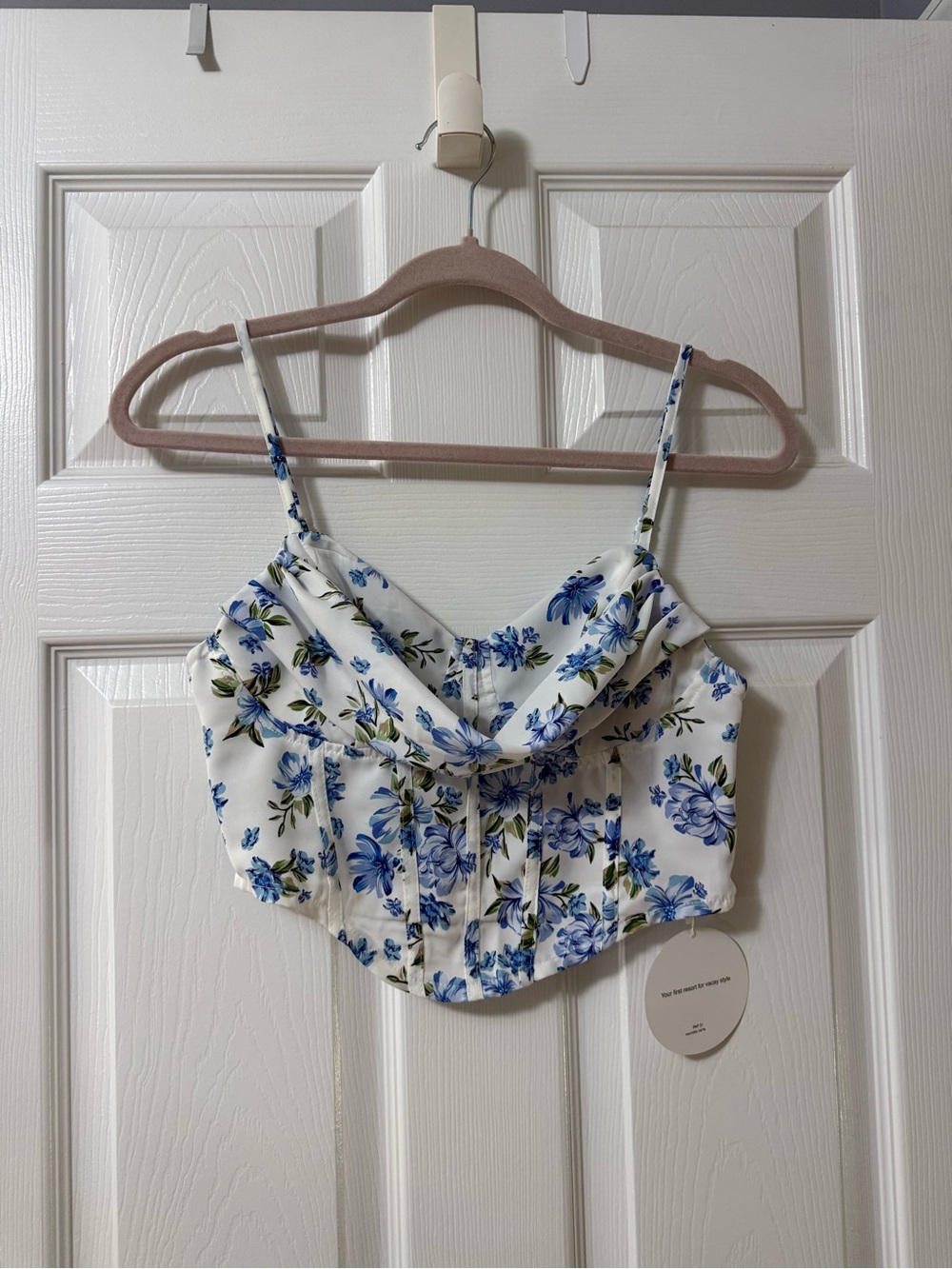 SHEIN White Crop Cami with Blue Floral Print